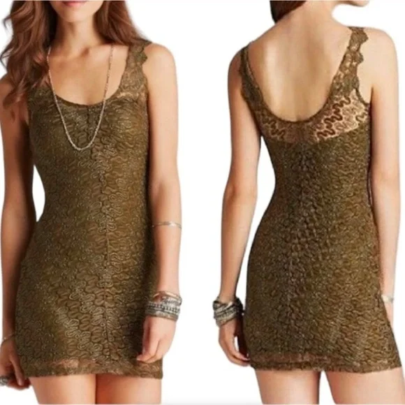 FREE PEOPLE Foiled Again Olive Lace Bodycon Open Back Boho Mini Dress Size XS - Picture 1 of 7